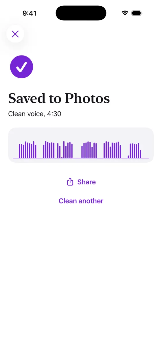 A clean copy, ready to send. Saved to Photos, Clean voice, 4:30, with the clean waveform, a Share button and a Clean another button.