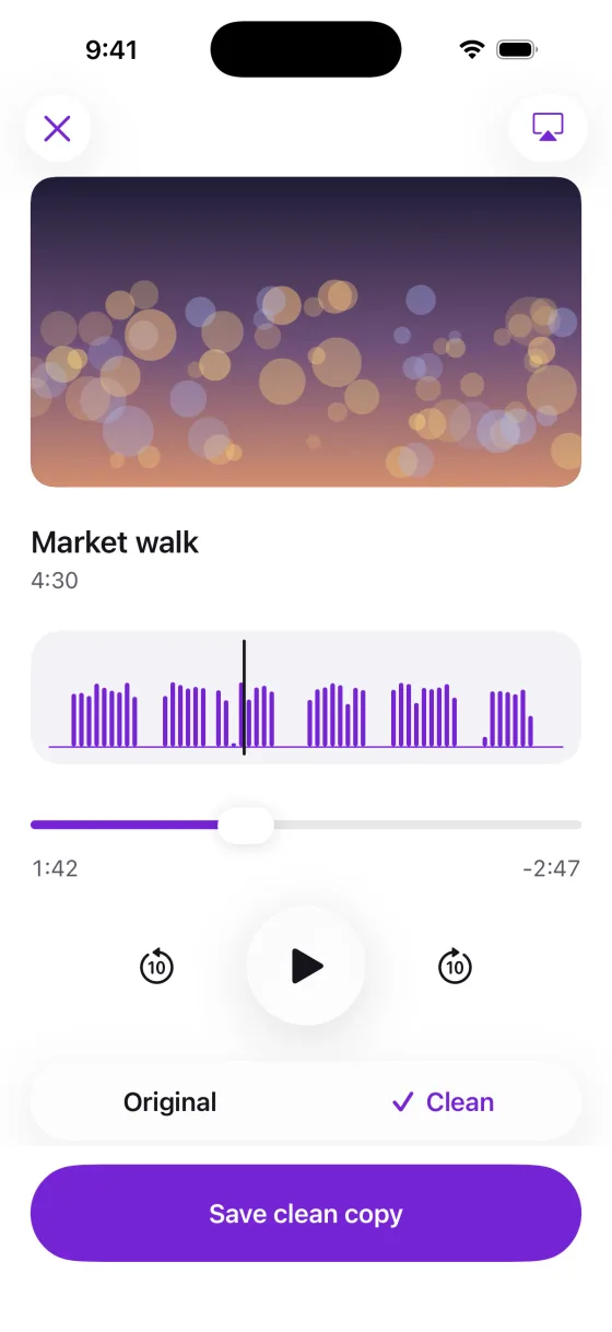 Hear it before you pay. The preview of a 4 minute 30 second video called Market walk, paused at 1:42 with Clean selected and the background noise removed, and a Save clean copy button.